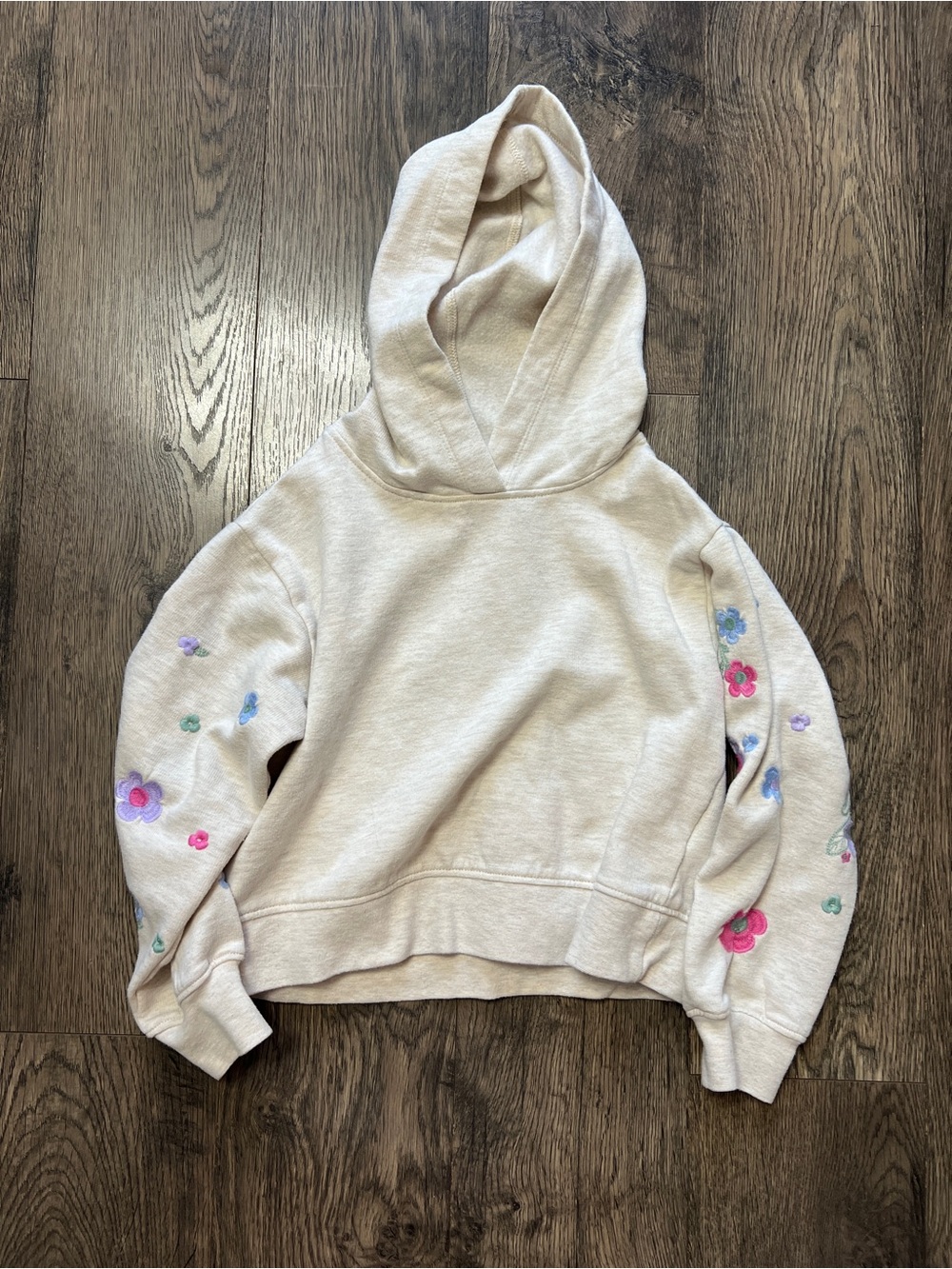 Crewcuts Cream Cropped Hoodie with Embroidered Floral Sleeves - Size 6/7